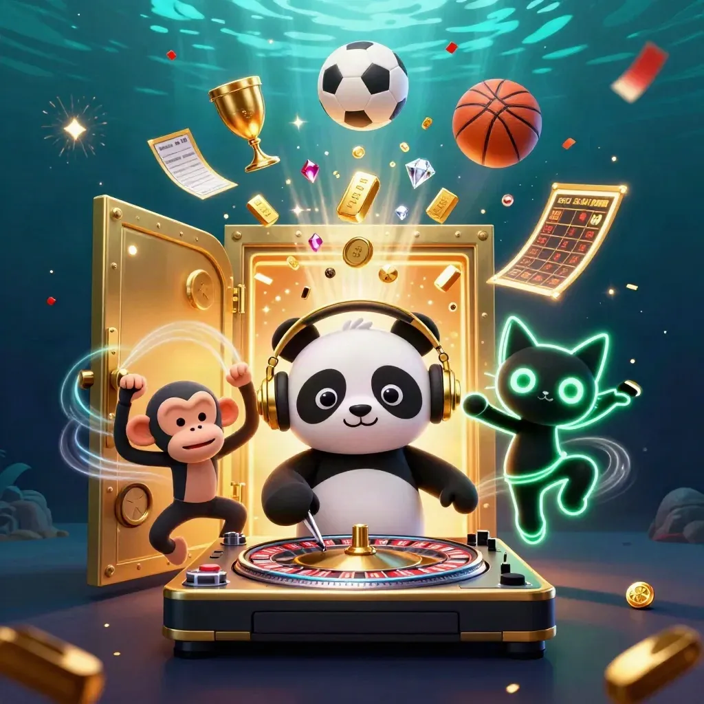 Panda DJ, monkey and kitten blast through gold, neon and sports balls around a treasure vault.