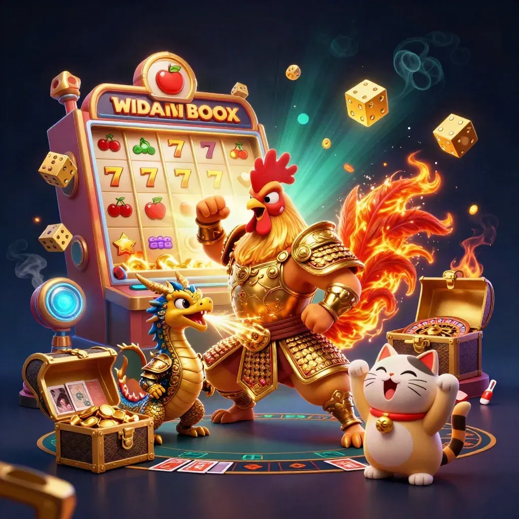Rooster samurai, dragon hatchling, and fortune cat amid jackpot casino magic and gold explosions.