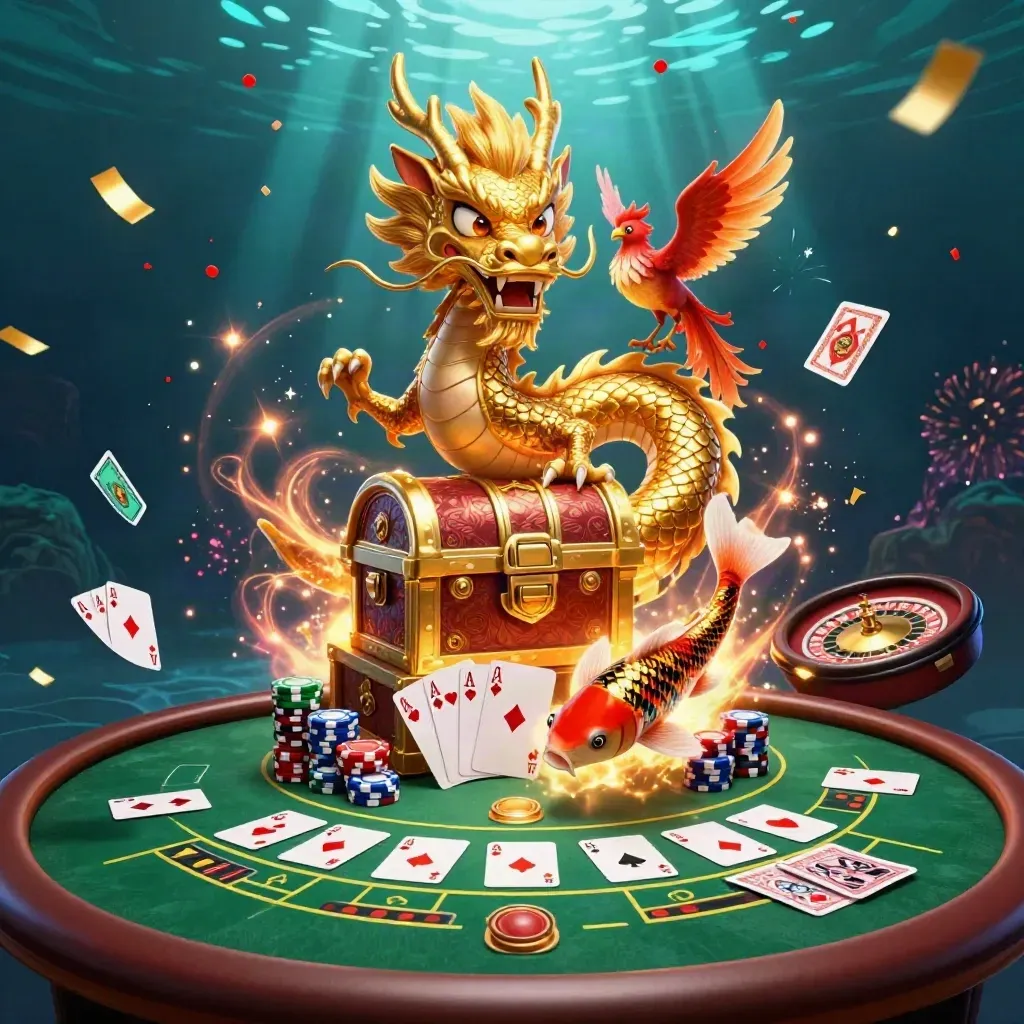 Golden dragon, phoenix, koi, and casino treasures explode in a neon underwater jackpot scene.
