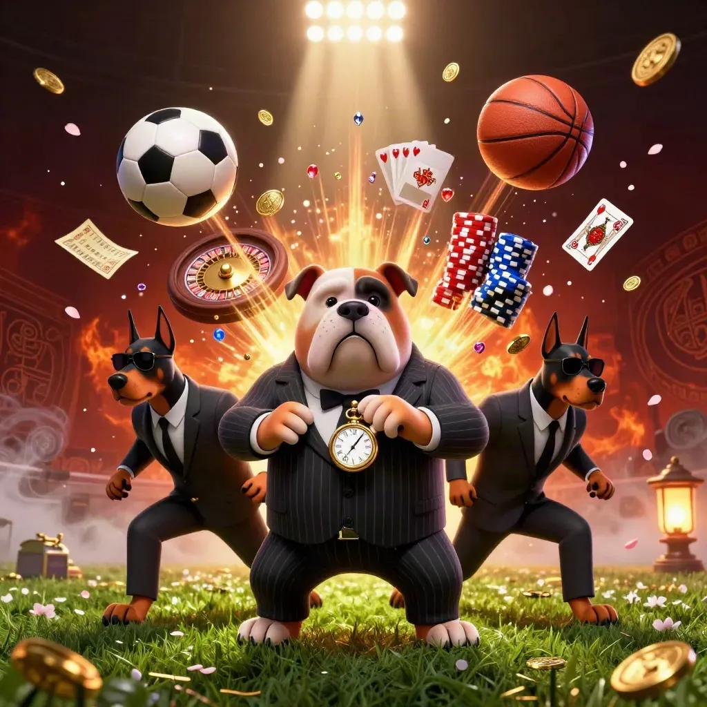 Bulldog boss and Dobermans amid flying sports balls, casino chips, coins, and neon haze.