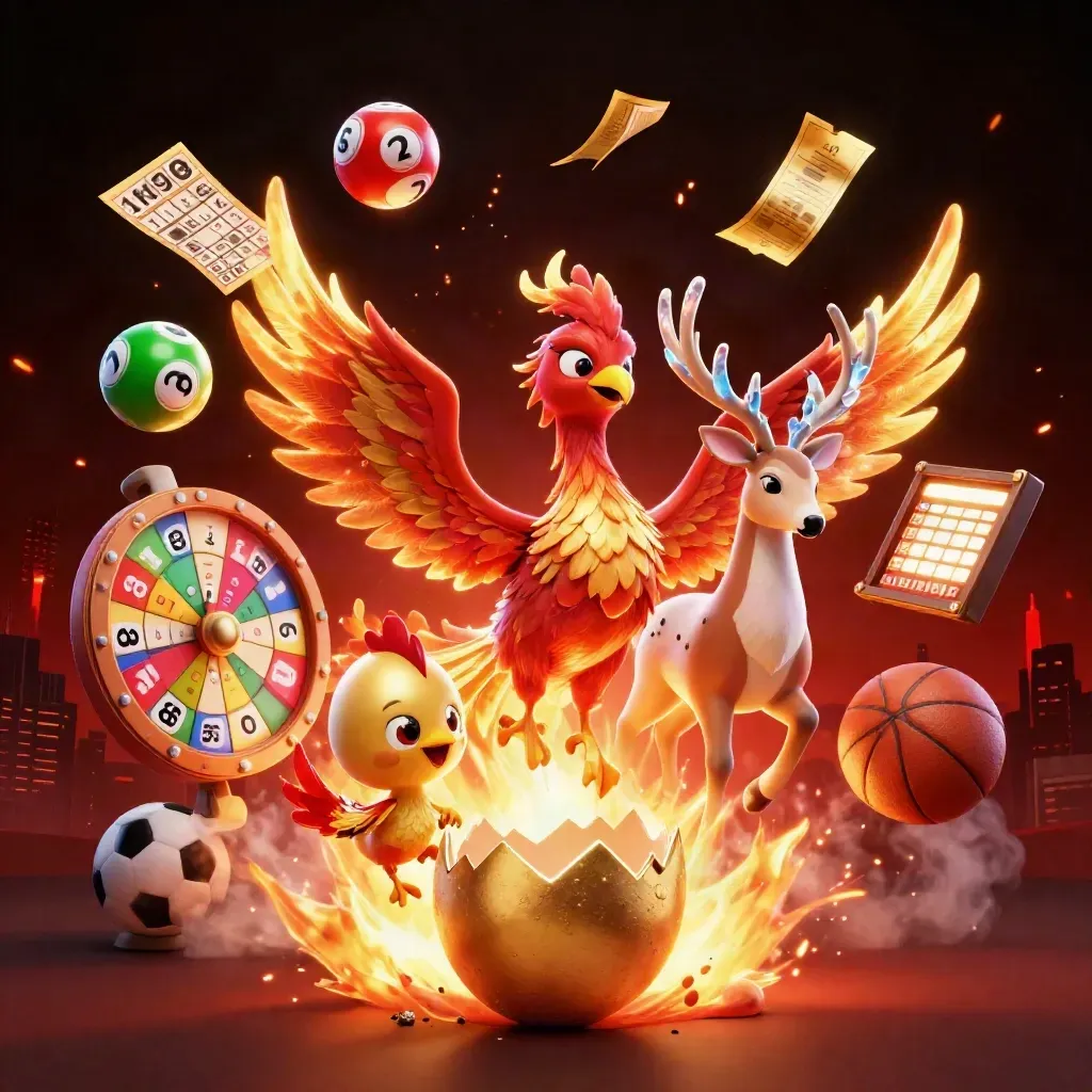 Fire phoenix, baby phoenix, and crystal stag amid casino props, embers, and neon glow.