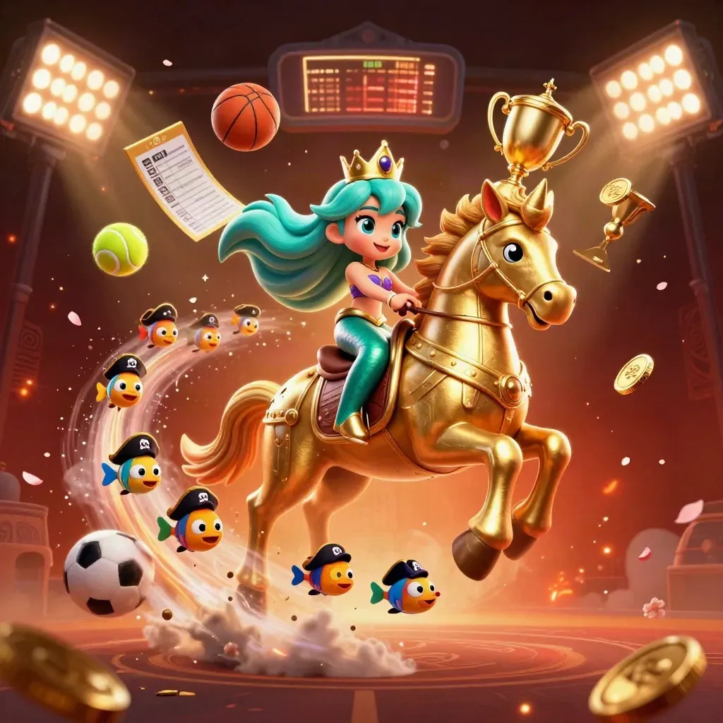 Mermaid princess on an armored seahorse with fish, balls, trophy, coins, and neon casino glow.