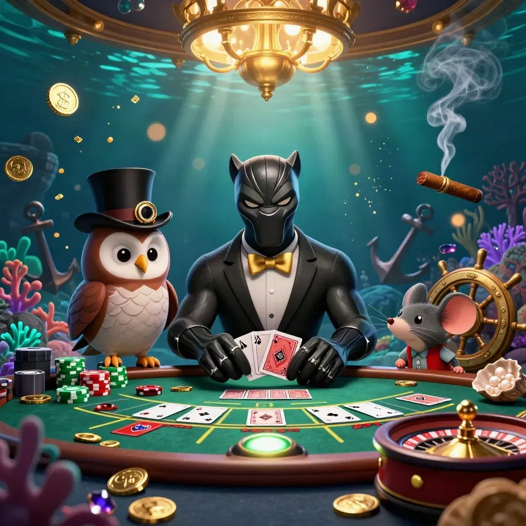 Panther dealer, owl, and mouse in a luxe underwater casino with glowing treasure and neon lights