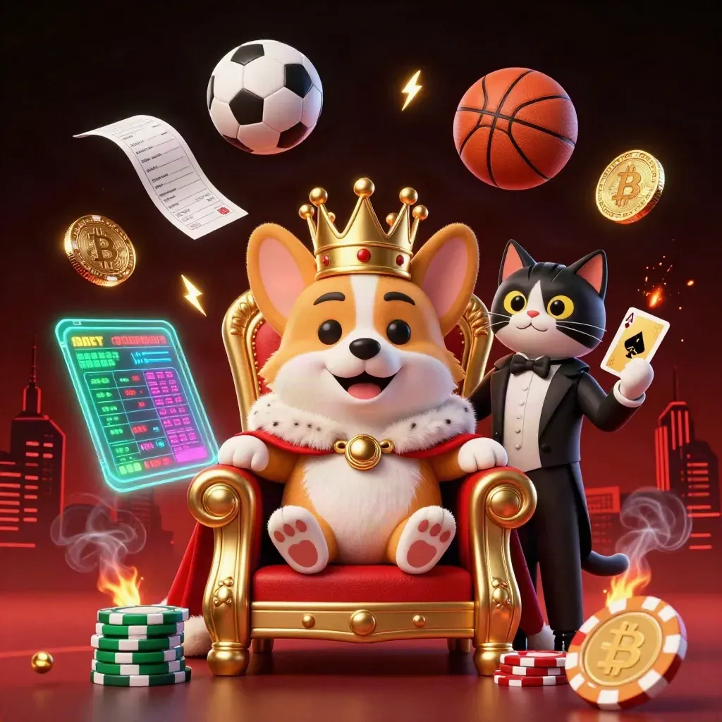 Crowned corgi and cat butler amid crypto coins, balls, sparks, and red-black casino glow.