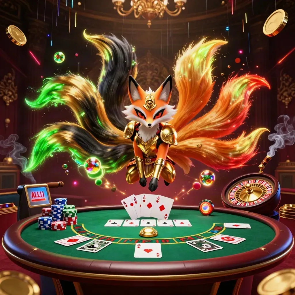 Neon fox spirit and armored mouse at a casino table amid chips, cards, roulette glow