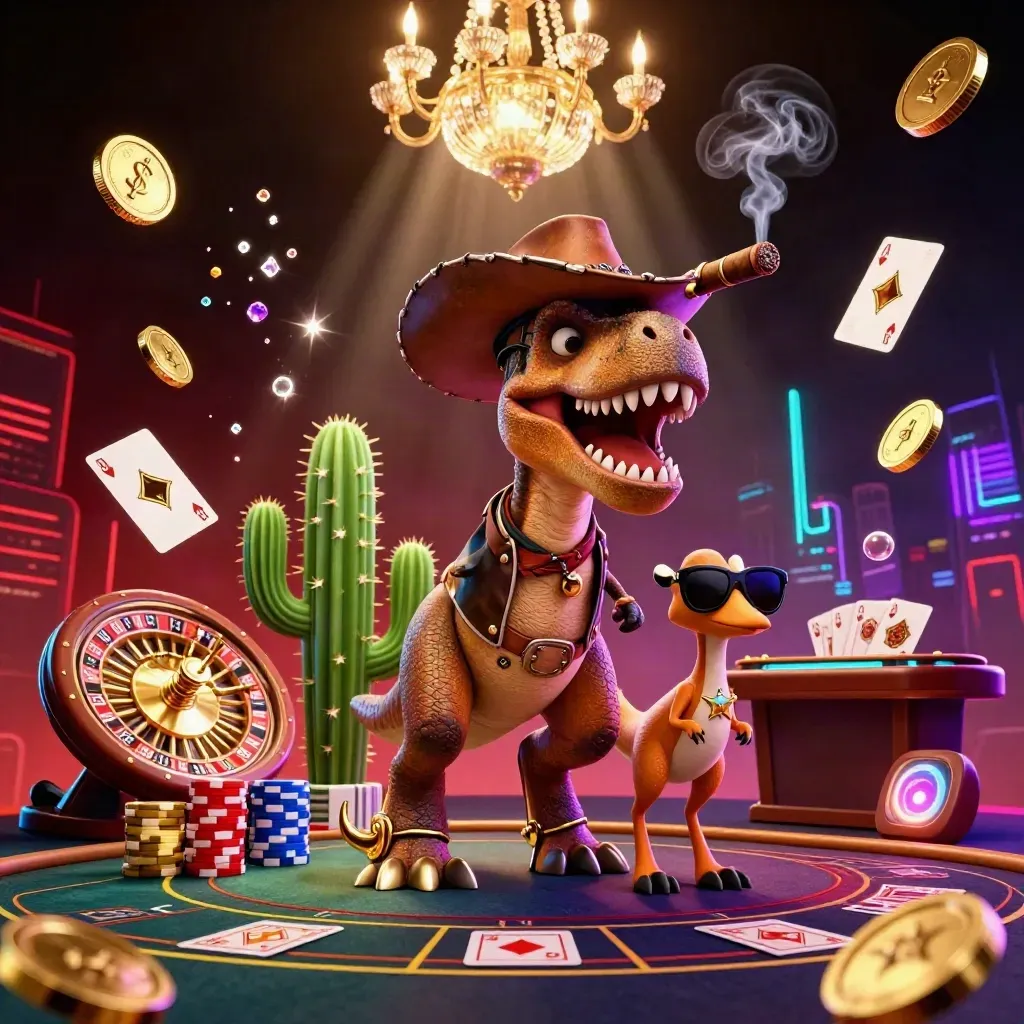 Cowboy T-Rex, cactus, and roadrunner amid casino glow, coins, gems, roulette, chips, and neon smoke.