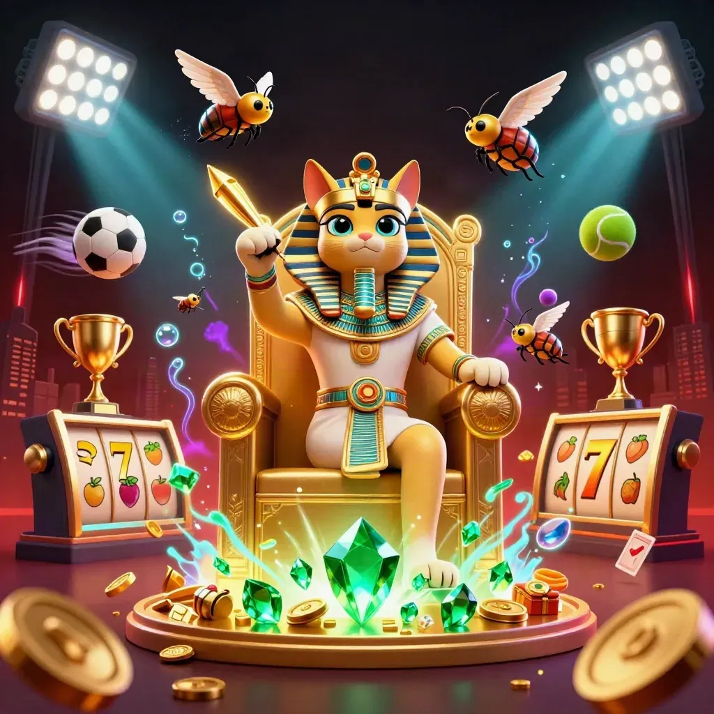 Pharaoh cat on throne with ibis scribe and scarabs, with coins, balls, and neon casino effects.