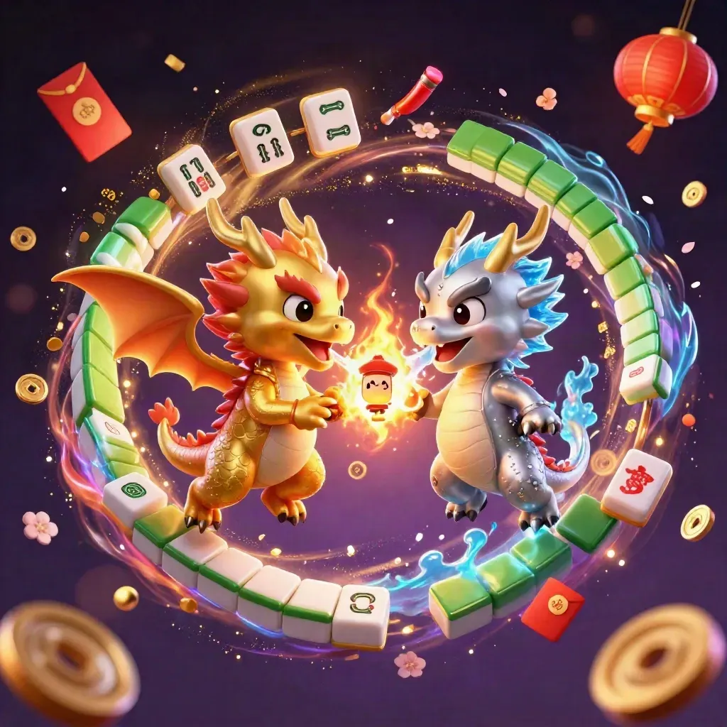 Twin gold and silver dragons spiral with fire and ice amid glowing casino treasures