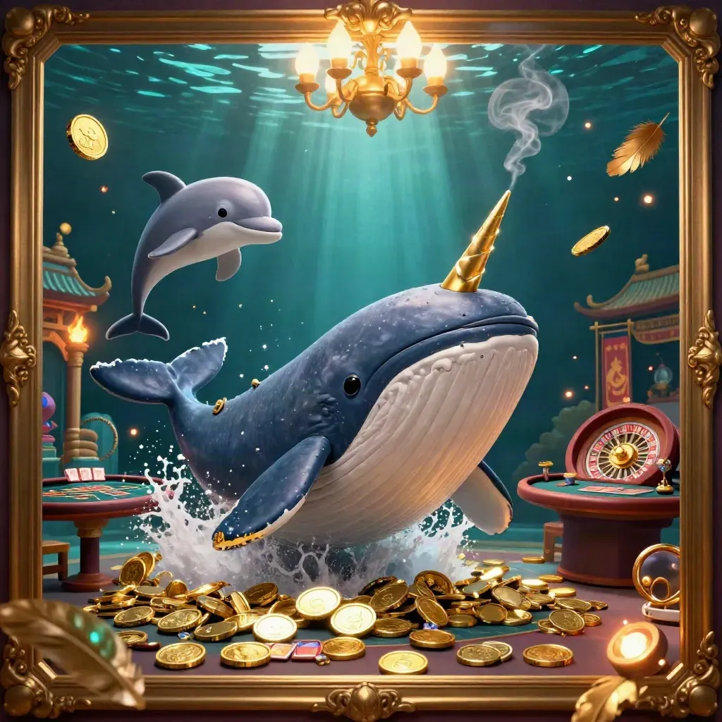 Cartoon whale, narwhal, and dolphins in a luxe underwater casino scene with coins and neon glow.