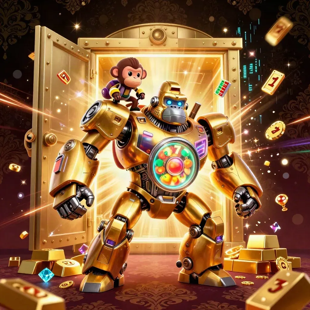 Golden gorilla mech with a tiny monkey pilot bursts from a vault amid gems and neon sparks.