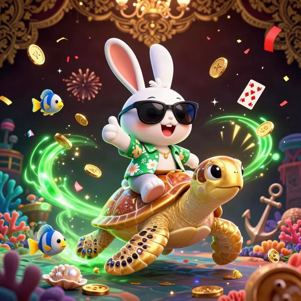 Lucky rabbit rides a golden sea turtle through treasure, coral, coins, and casino sparkles.
