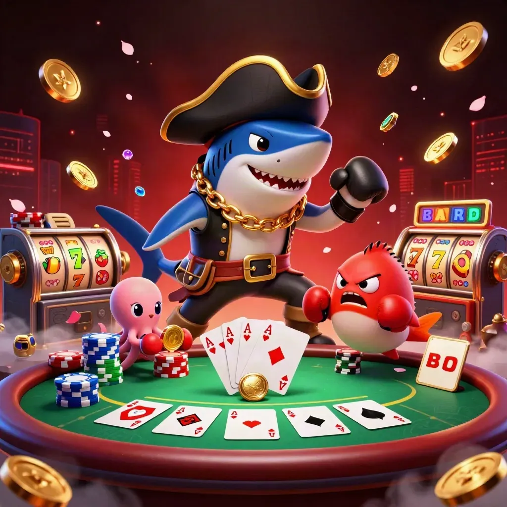 Pirate shark, boxing pufferfish, and coin-juggling octopus amid neon casino treasure and cards.