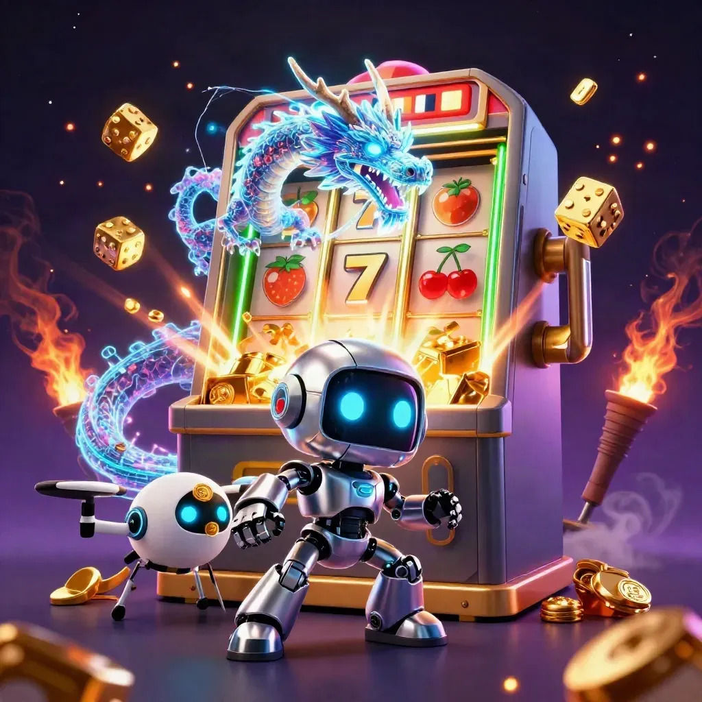 Cyberpunk robot, holographic dragon, and coin drone erupt in neon casino loot and magic.