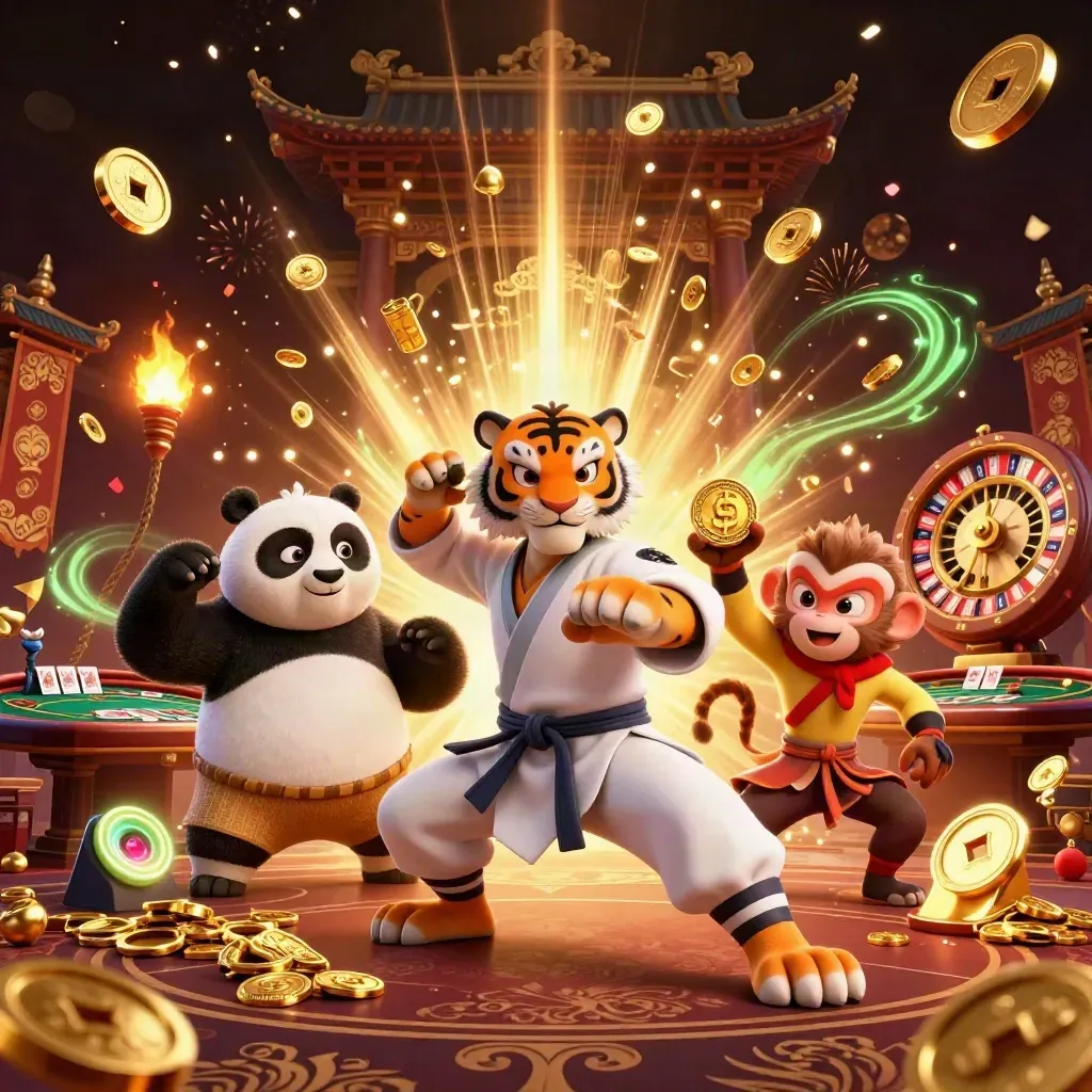 Kung-fu tiger, panda, and monkey amid casino loot, fireworks, and glowing gold.