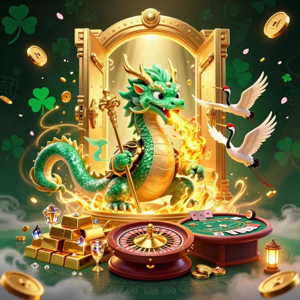 Dragon, turtle sage, and cranes amid vault gold, coins, roulette, and casino glow.