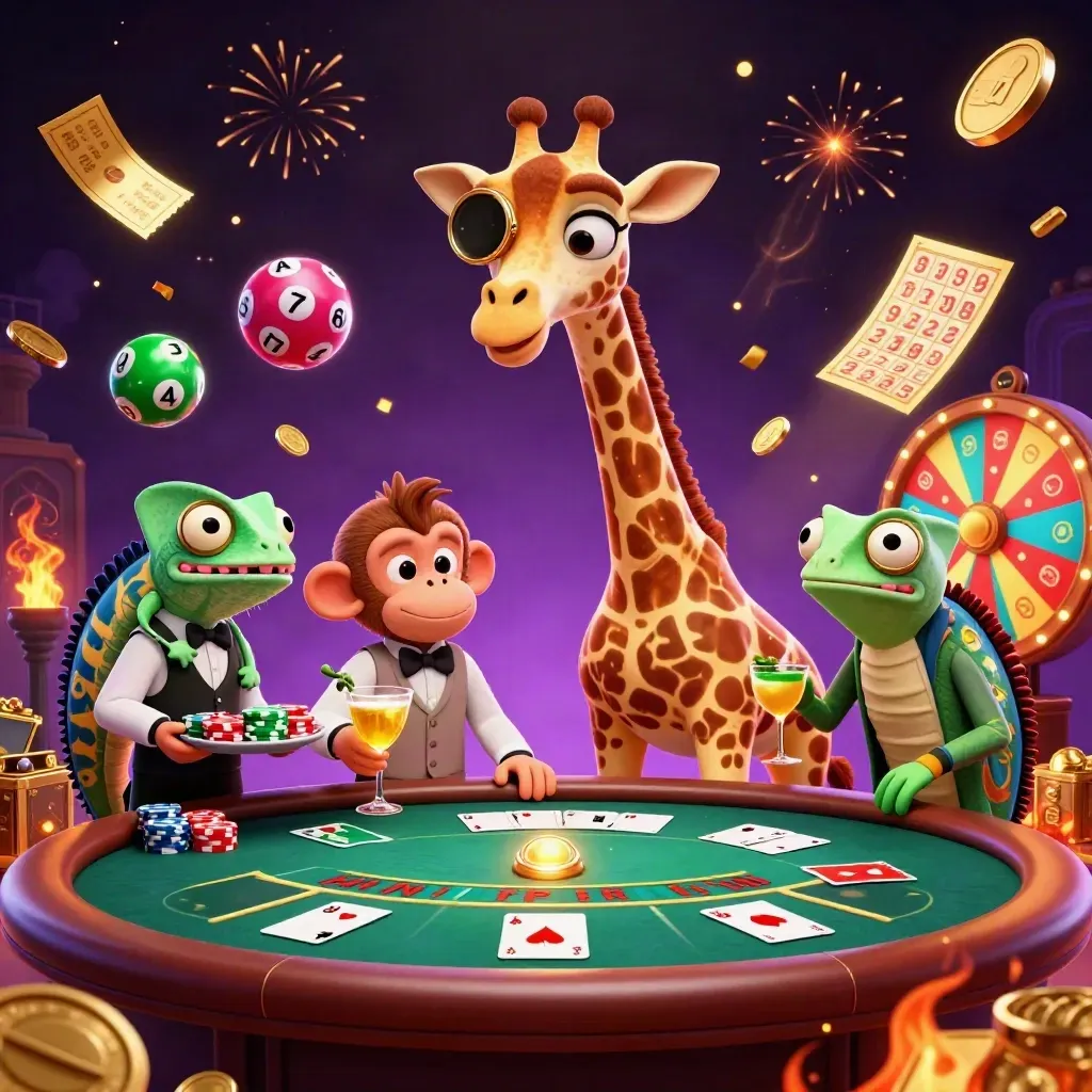 Giraffe gambler, monkey valet, and chameleon bartender amid casino loot, coins, and fireworks.