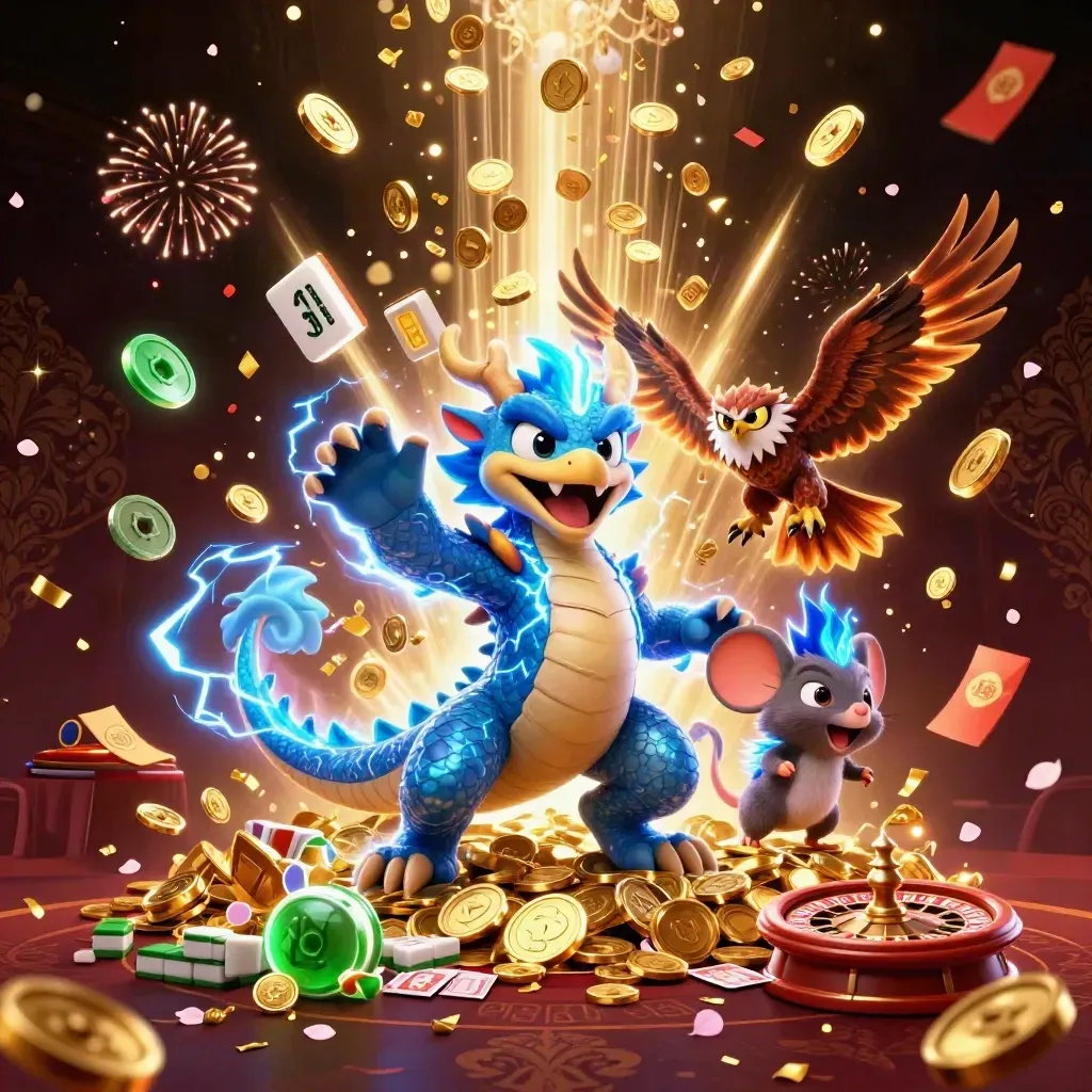 Thunder dragon, wind hawk, and thunder-mouse amid bursting vault coins and casino treasures.