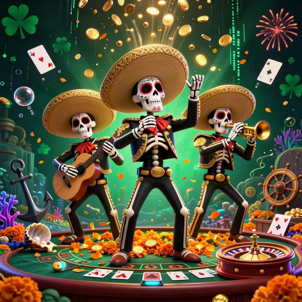 Skeleton mariachi trio in a neon treasure cove with coins, cards, and casino symbols
