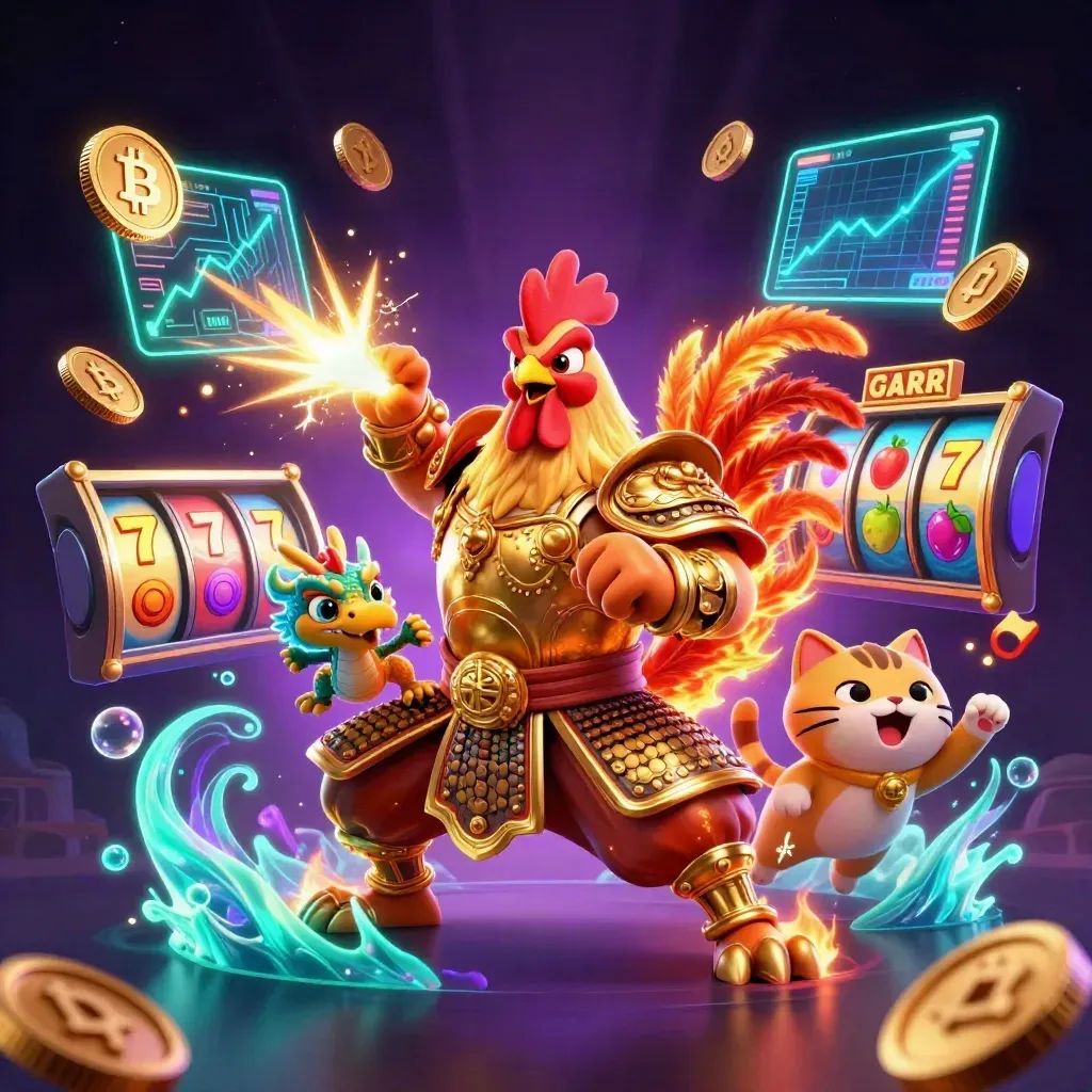 Rooster warrior, spark-breathing dragon hatchling, and lucky cat amid neon casino effects.