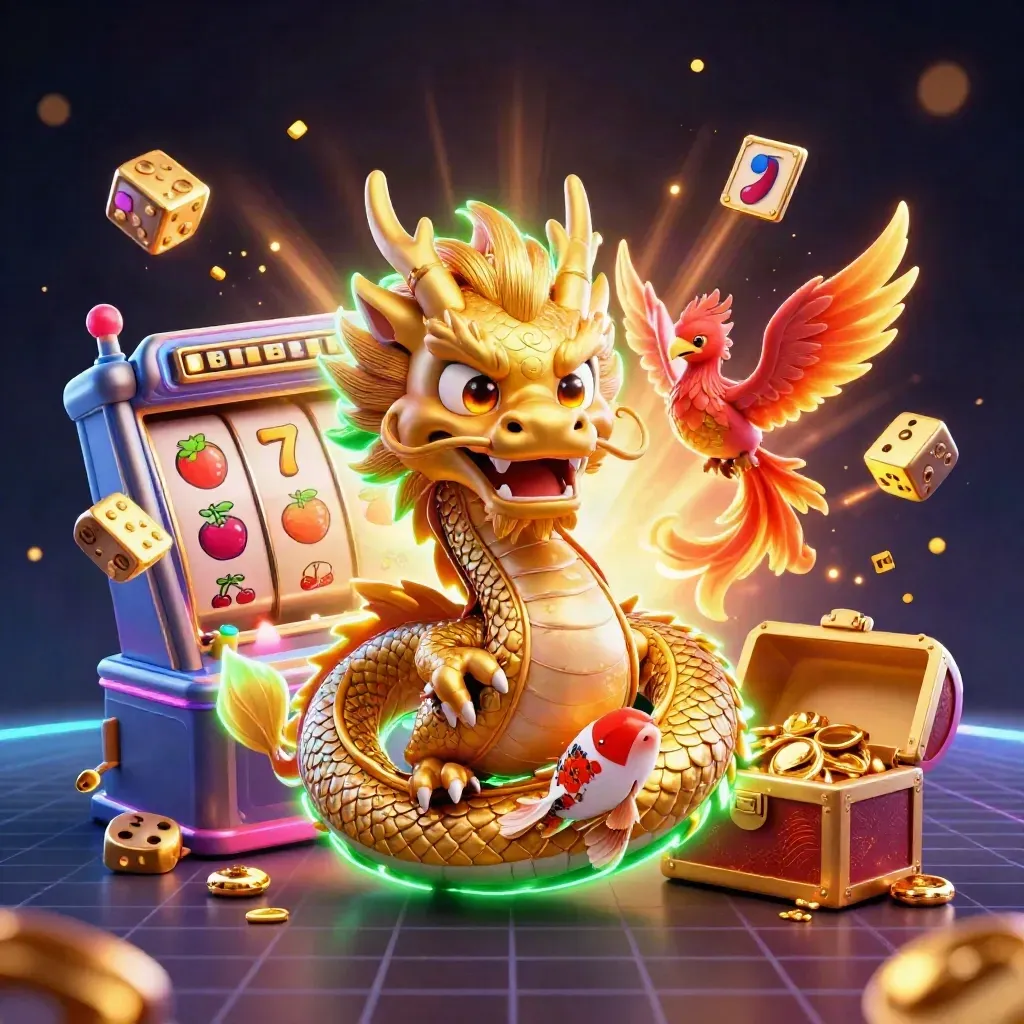 Golden dragon with red phoenix, koi, treasure chest, slot machine burst, neon casino splash art