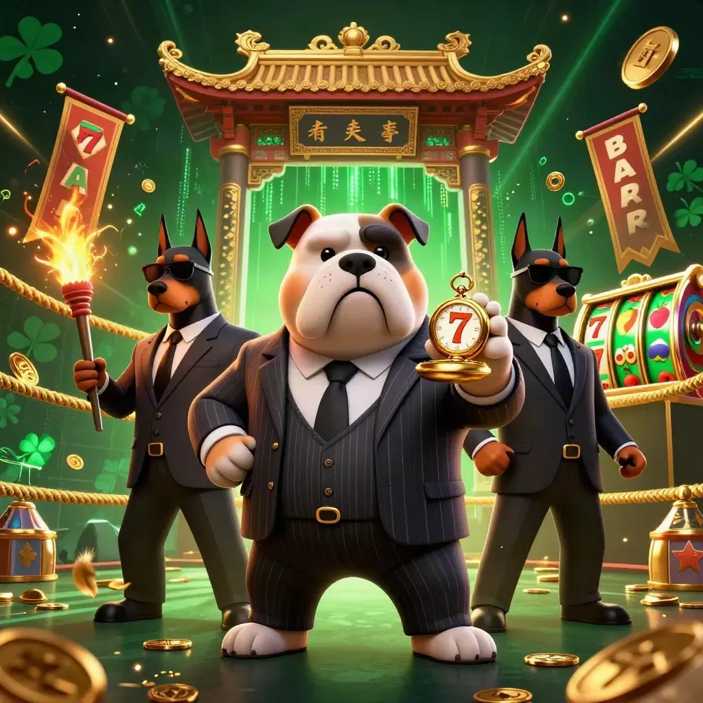 Bulldog mob boss with two Dobermans amid casino reels, coins, temple gate and neon energy.