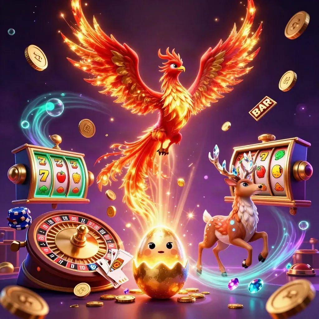 Fiery phoenix, hatchling and crystal stag amid coins, cards, chips, reels and glowing casino magic.
