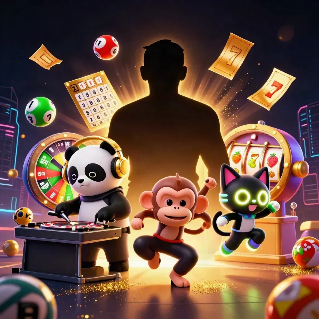 DJ panda, monkey, and glow-stick kitten burst through neon casino chaos with gold and green highlights.