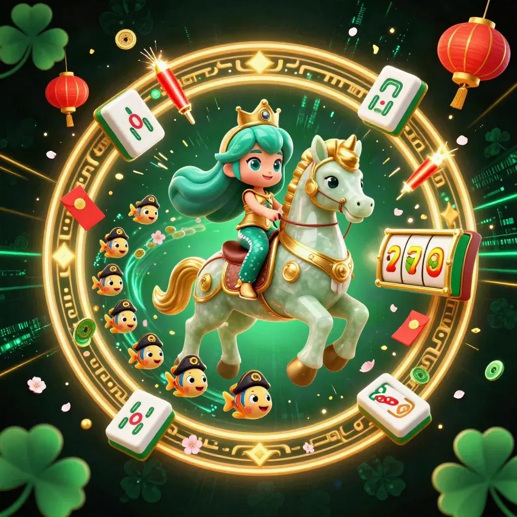 Mermaid on a golden seahorse amid jade coins, lanterns, fish and casino glow.